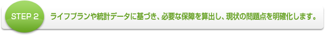 ライフプランや統計データに基づき、必要な保障を算出し、現状の問題点を明確化します。